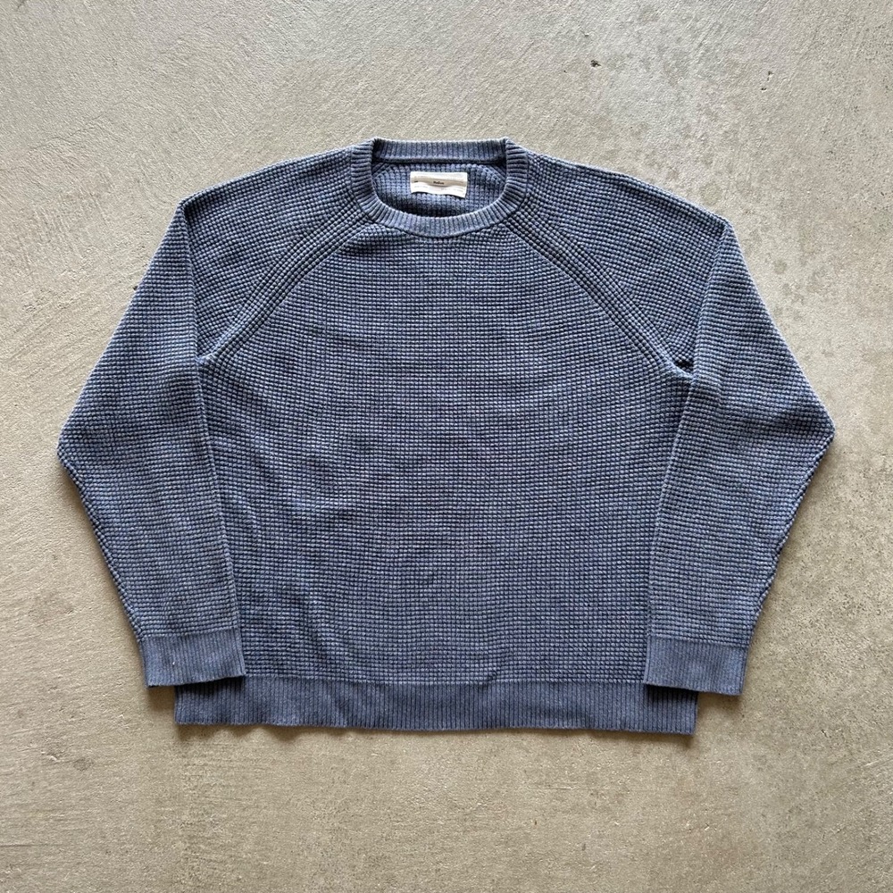 REI Co-op Sweater Mens Medium Blue Waffle Knit Cotton Raglan Sleeve Crewneck F22